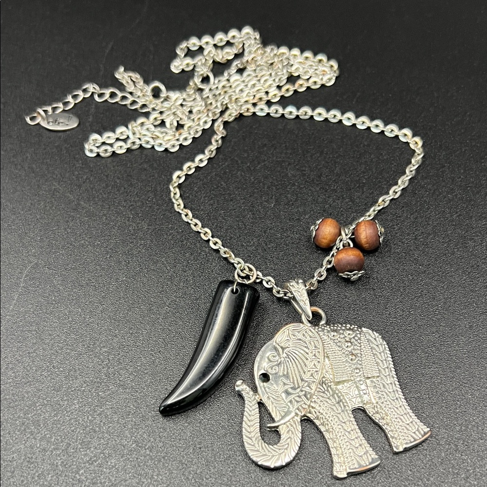 Vintage Elephant Pendant Necklace with Black Horn and Brown Beads